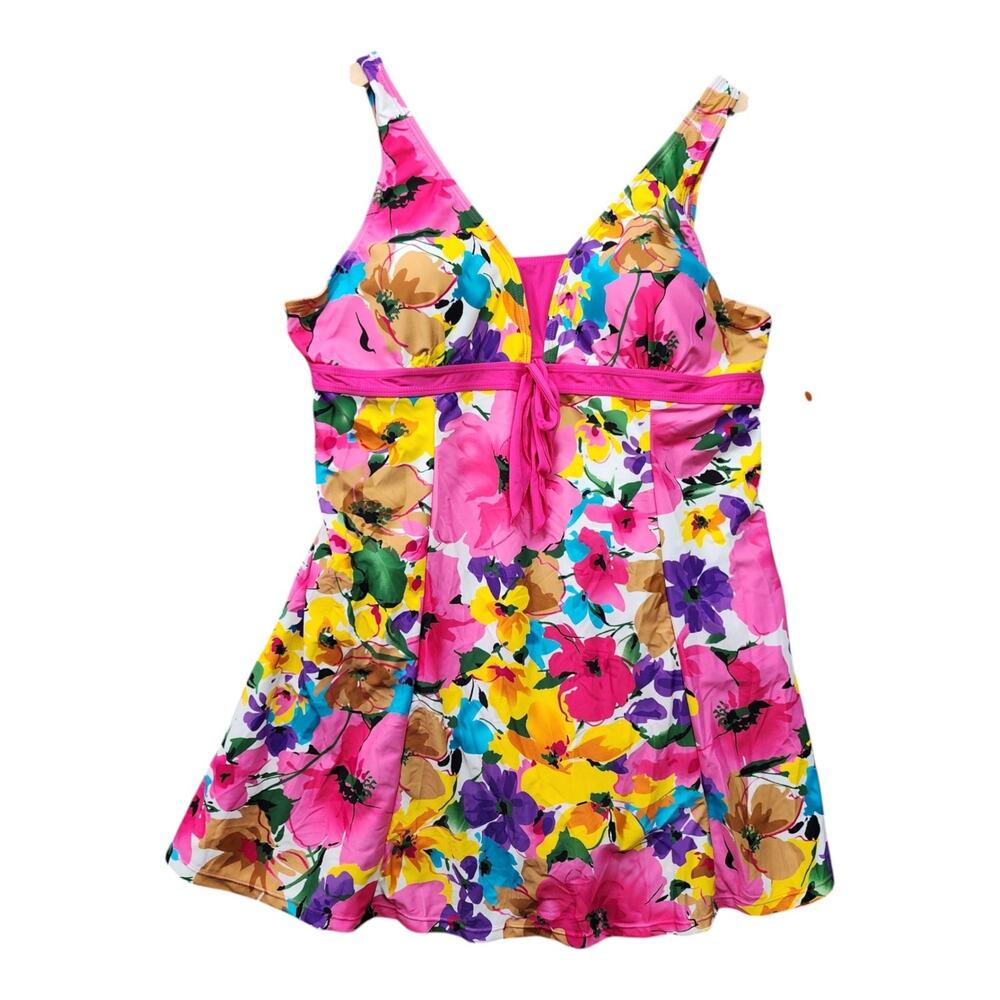 NWT Wantdo Floral Swimsuit Dress 3X 22W-24W One Piece Tie Front Pink Vacation - Picture 2 of 15